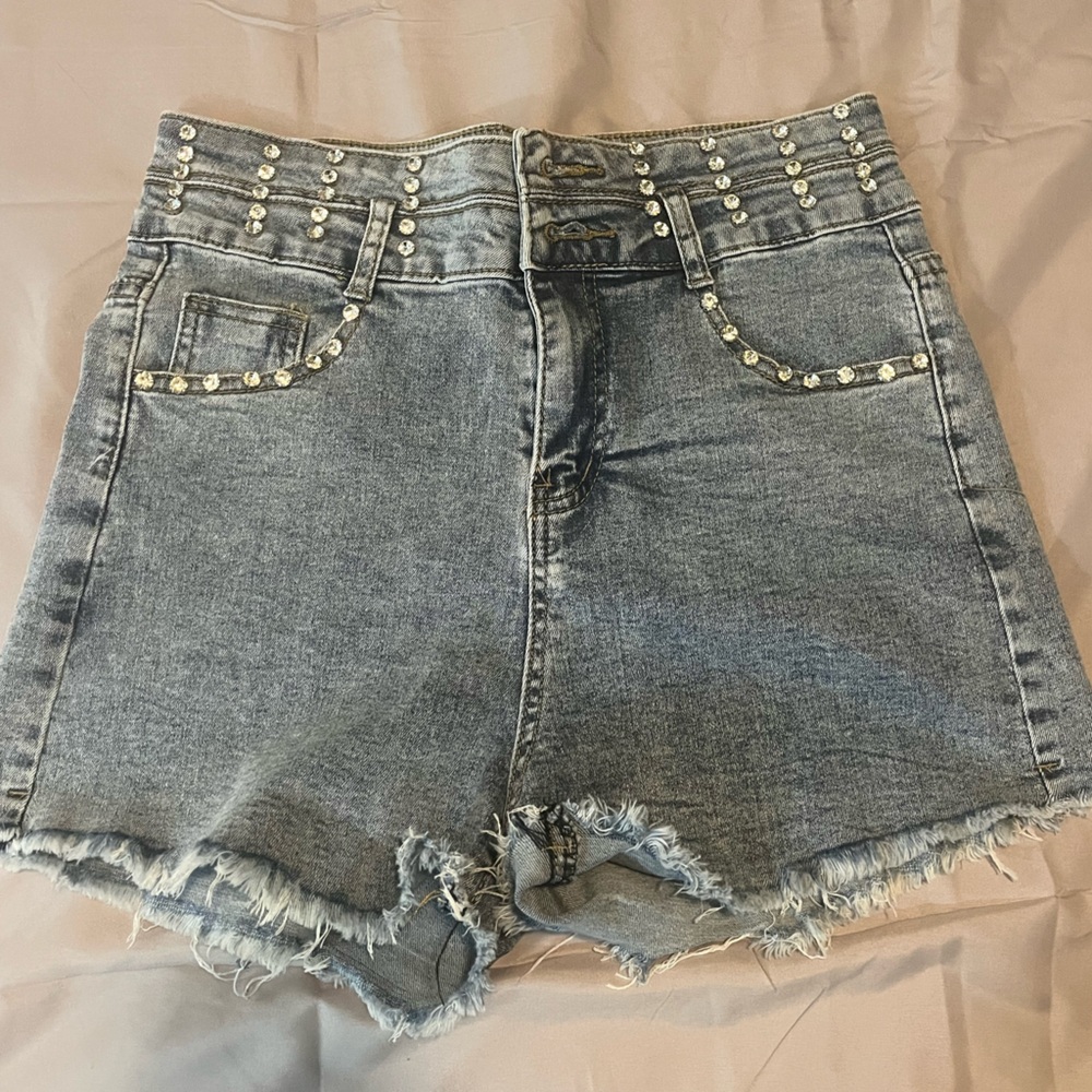 Kiwi Light Blue High-Waisted Jean Shorts Distressed
